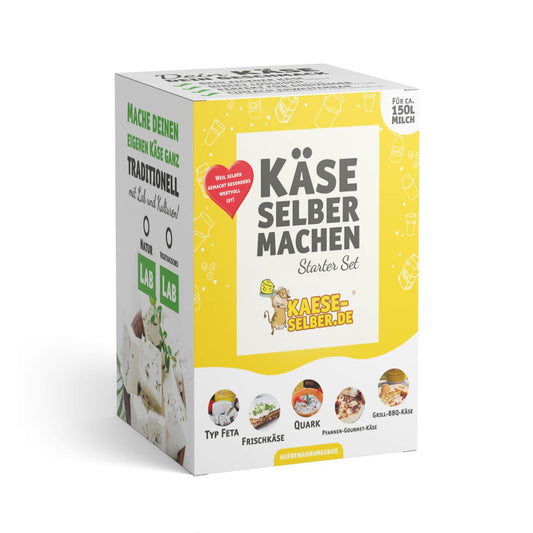 Käse selber machen Starter Set, bestehend aus Käseform, vegetarischem Lab, Calciumchlorid, Kulturen (Milchsäurebakterien), Käsetuch, Abtropfmatte, Thermometer, einfache Schritt für Schritt Anleitungen, traditionelle Käseherstellung zu Hause, Käse selber machen Typ Feta, Quark, Frischkäse, Grillkäse, Pfannenkäse, uvm.